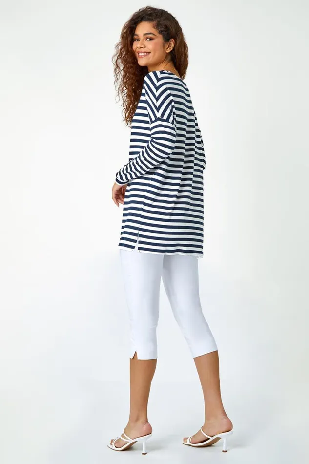 Navy Stripe Print Tunic Stretch Top Women Roman Tops
