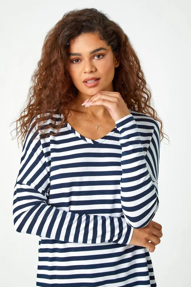 Navy Stripe Print Tunic Stretch Top Women Roman Tops