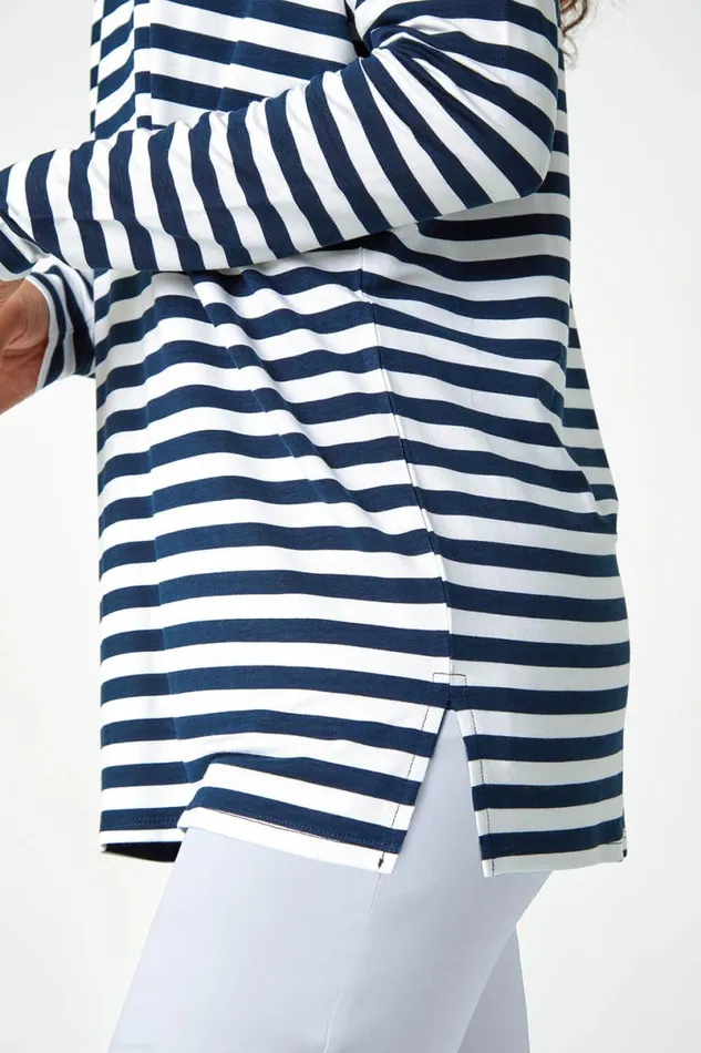 Navy Stripe Print Tunic Stretch Top Women Roman Tops