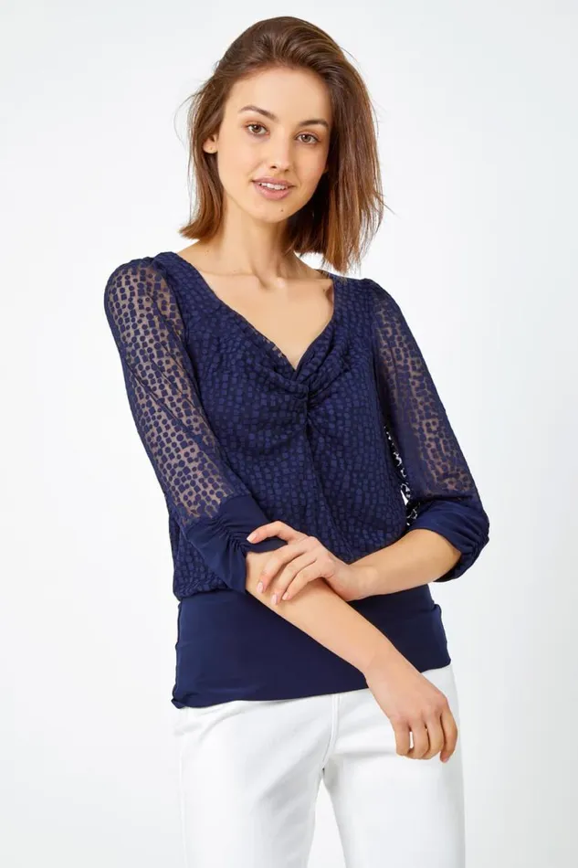 Navy Textured Spot Print VNeck Blouson Top Women Roman Tops