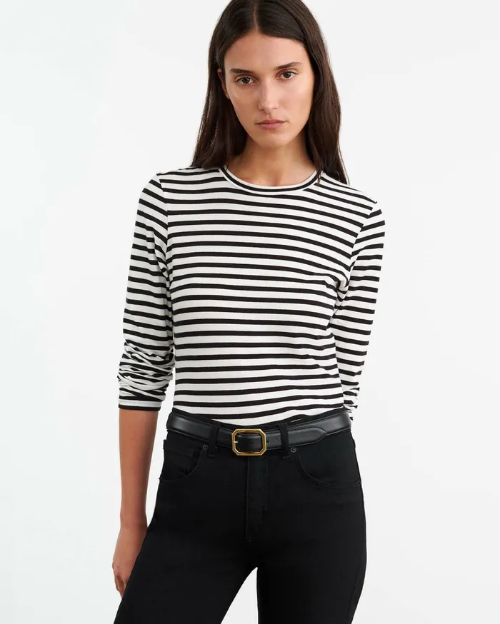 Nili Lotan SUSANA LONG SLEEVE TEE Blackivory Stripe Women Tees