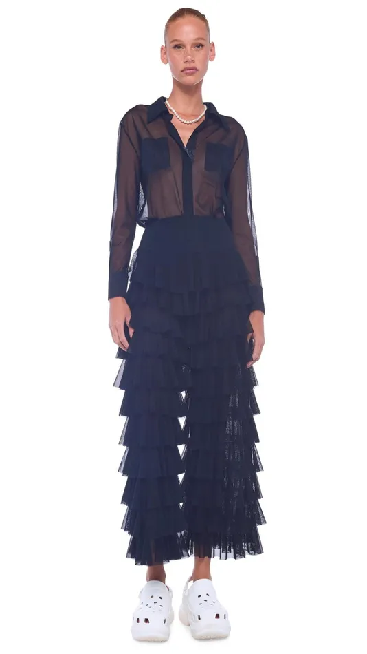 Norma Kamali Bottoms WIDE LEG RUFFLE PANT Black 8211 Clothing