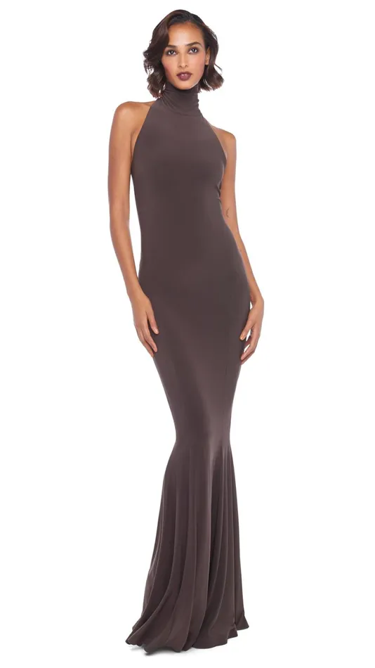 Norma Kamali Dresses HALTER TURTLE FISHTAIL GOWN Chocolate 8211 Clothing