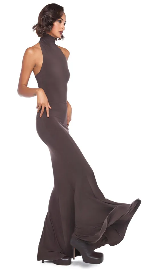 Norma Kamali Dresses HALTER TURTLE FISHTAIL GOWN Chocolate 8211 Clothing