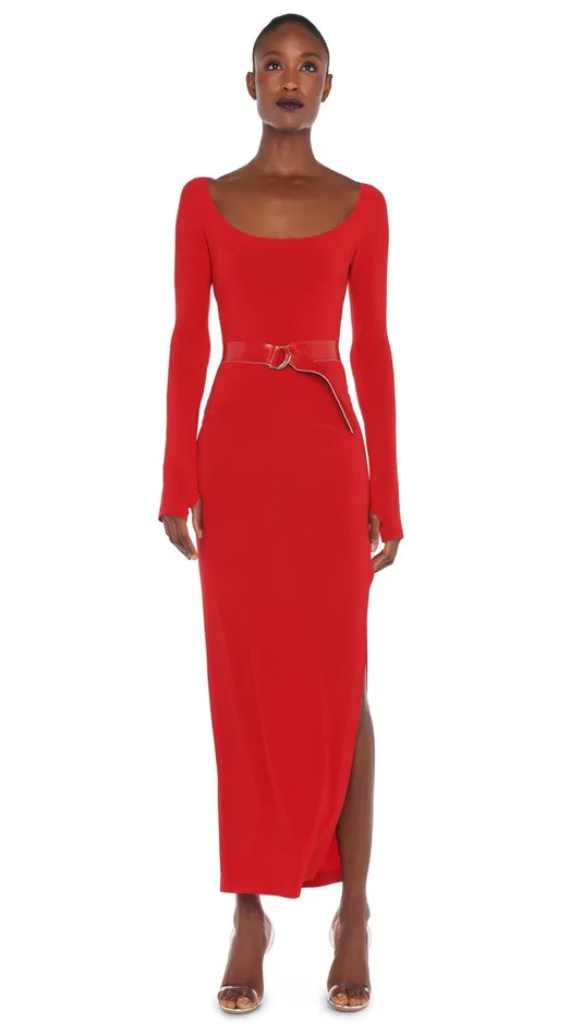 Norma Kamali Dresses SCOOP NECK SIDE SLIT GOWN Tiger Red 8211 Clothing