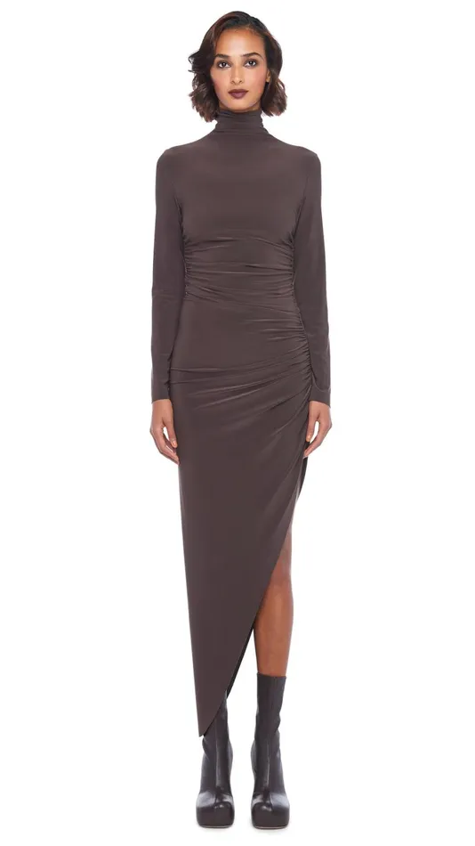 Norma Kamali Dresses TURTLE NECK SIDE DRAPE GOWN Chocolate 8211 Clothing