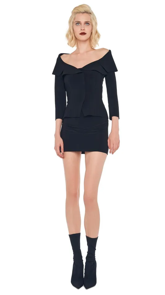 Norma Kamali Wardrobe STRAPLESS PICKLEBALL MINI DRESS With OFF SHOULDER SINGLE BREASTED JACKET 8211 Clothing Norma Kamali Wardrobe STRAPLESS PICKLEBALL MINI DRESS With OFF SHOULDER SINGLE BREASTED JACKET 8211 Clothing