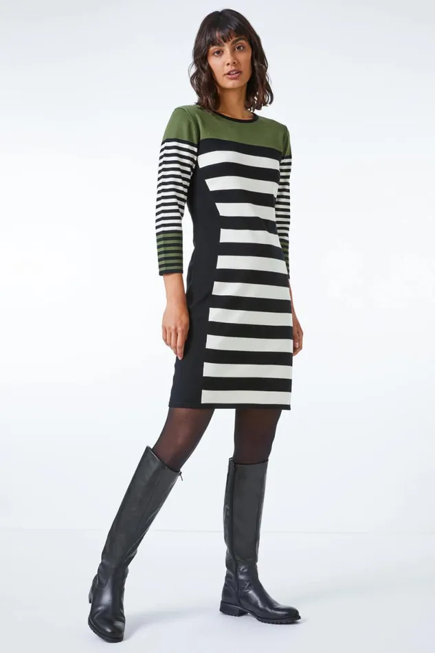 Olive Colour Block Knitted Stripe Dress Women Roman Dresses