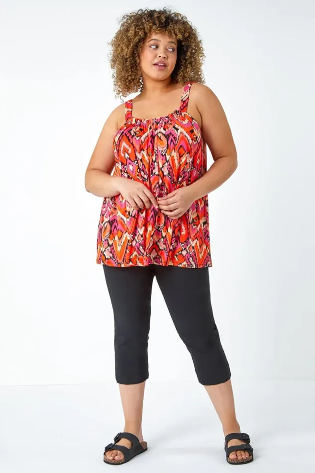 Orange Curve Aztec Print Ruched VNeck Stretch Top Women Roman Tops