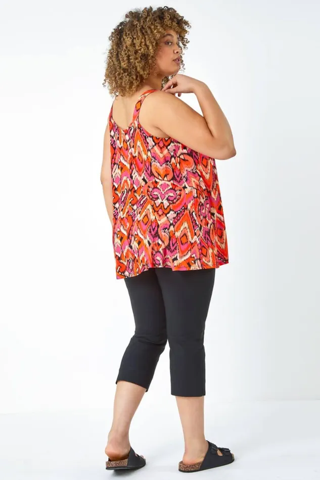 Orange Curve Aztec Print Ruched VNeck Stretch Top Women Roman Tops