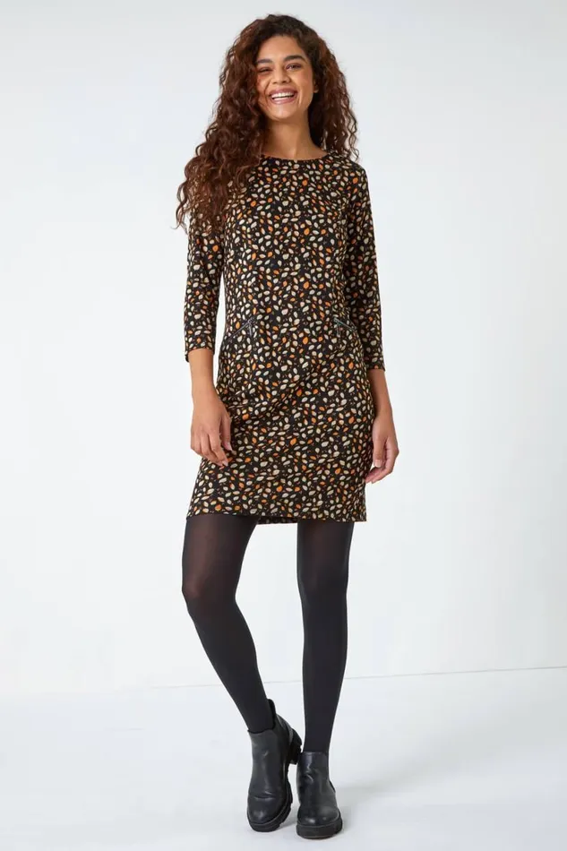 Orange Leaf Print Zip Pocket Shift Dress Women Roman Dresses
