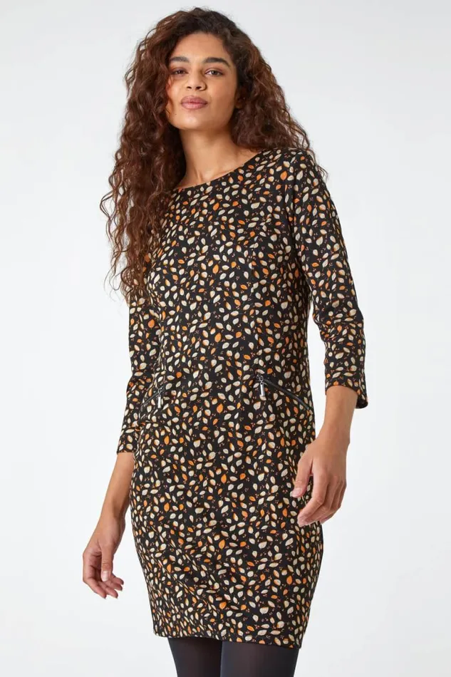 Orange Leaf Print Zip Pocket Shift Dress Women Roman Dresses