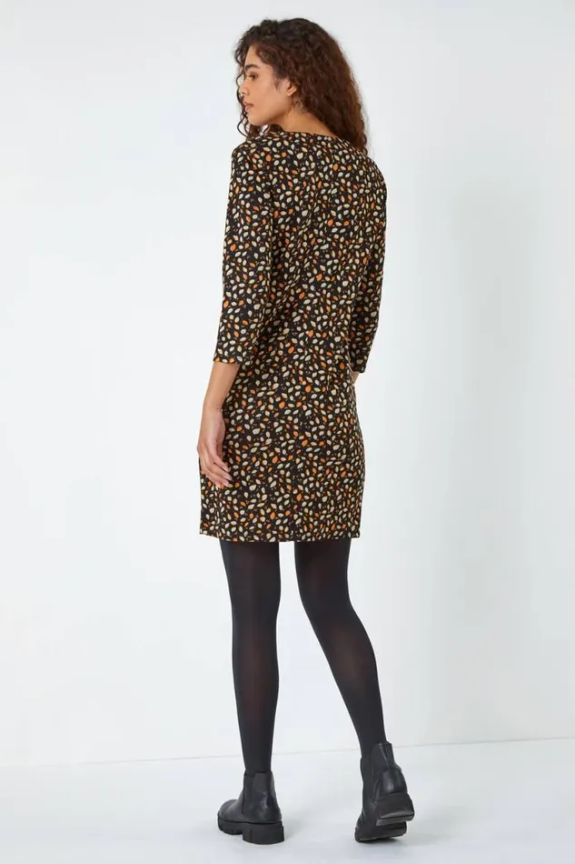 Orange Leaf Print Zip Pocket Shift Dress Women Roman Dresses