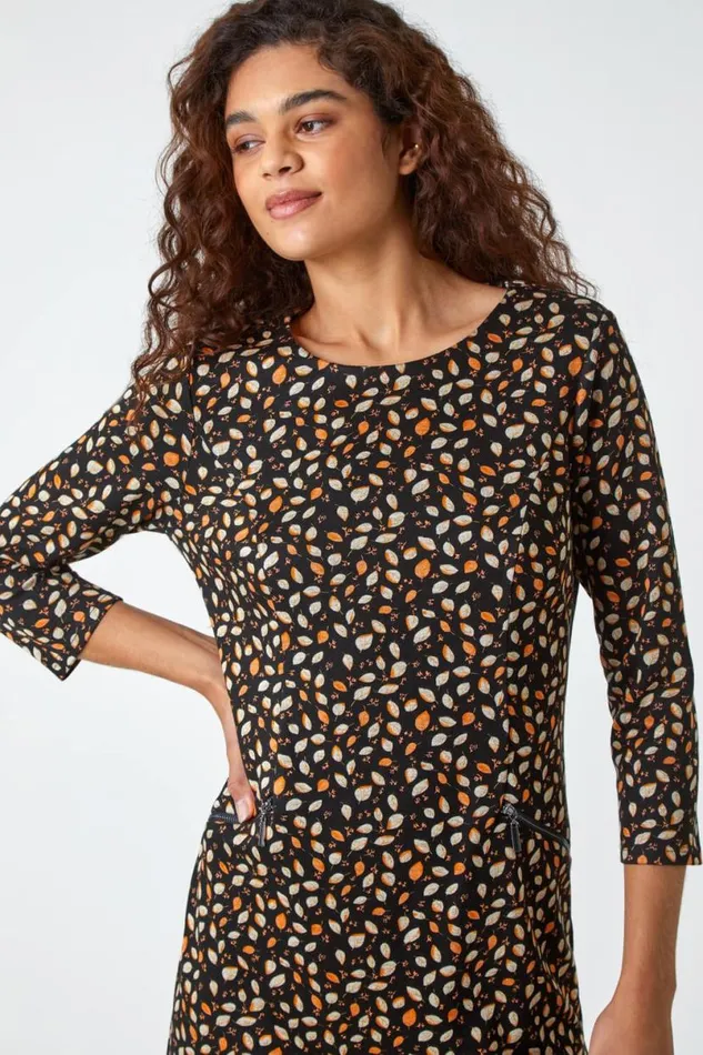 Orange Leaf Print Zip Pocket Shift Dress Women Roman Dresses