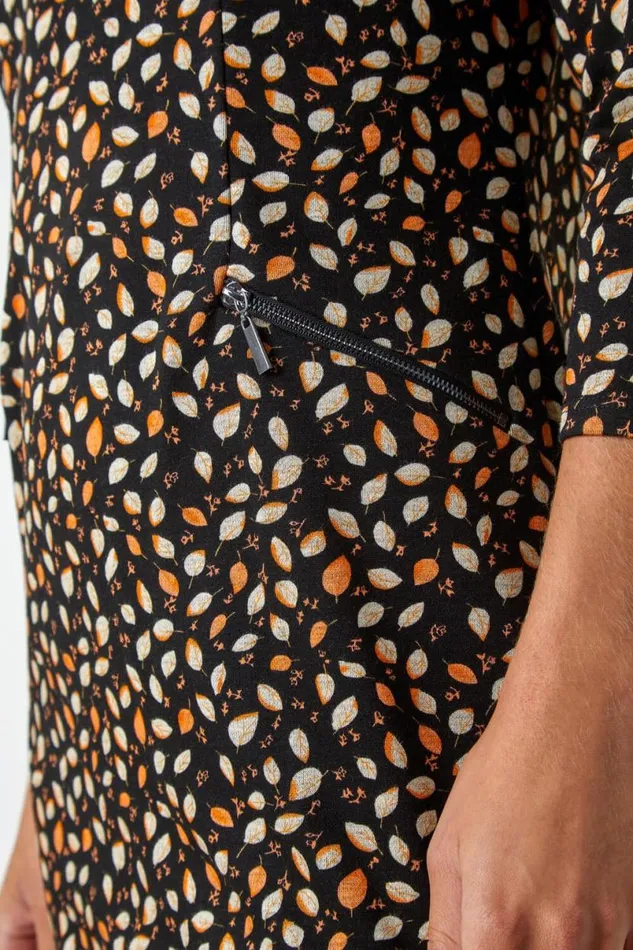 Orange Leaf Print Zip Pocket Shift Dress Women Roman Dresses