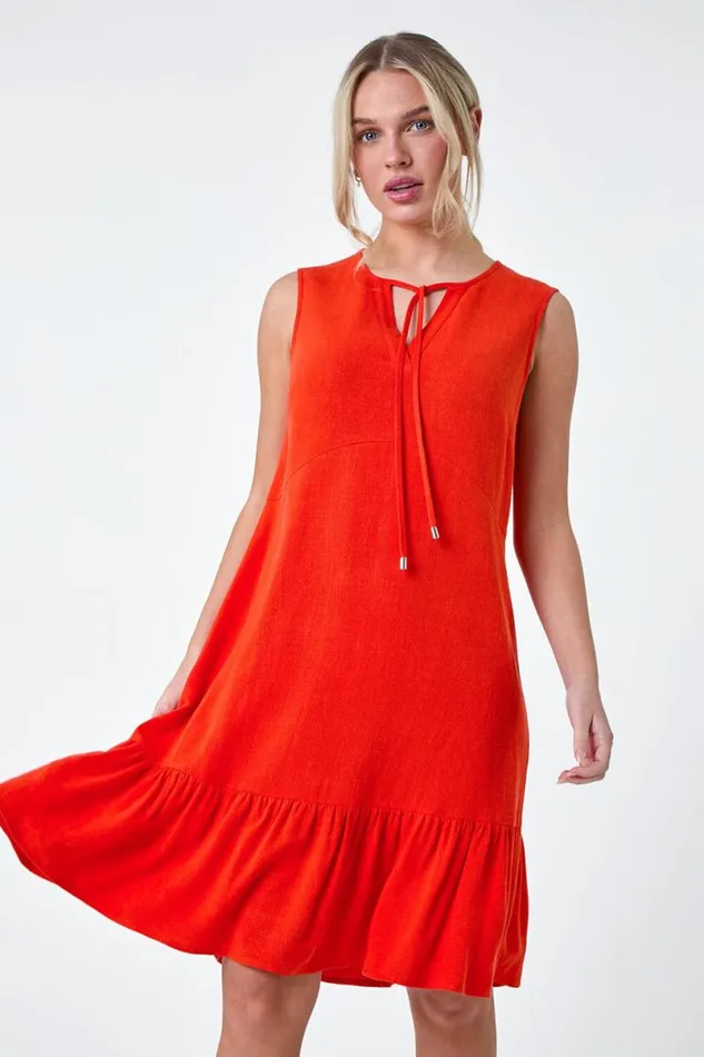 Orange Petite Linen Blend Tie Frill Hem Dress Women Roman Dresses