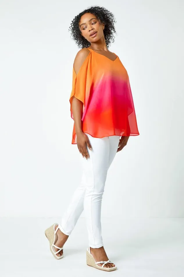Orange Petite Ombre VNeck Cold Shoulder Top Women Roman Tops