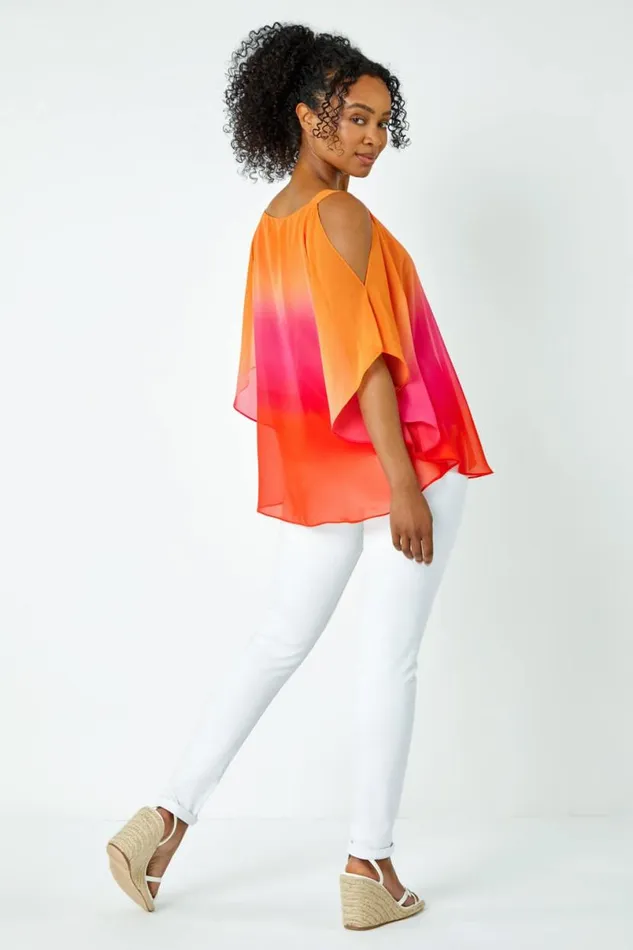 Orange Petite Ombre VNeck Cold Shoulder Top Women Roman Tops