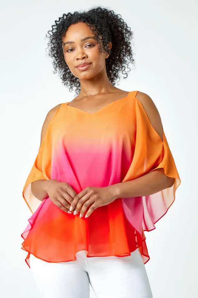 Orange Petite Ombre VNeck Cold Shoulder Top Women Roman Tops