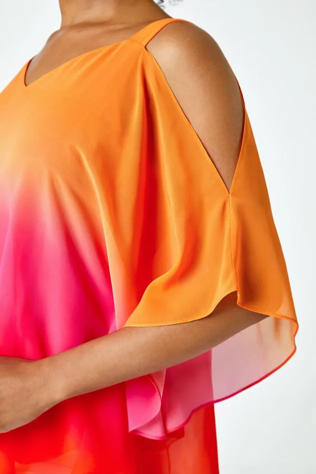 Orange Petite Ombre VNeck Cold Shoulder Top Women Roman Tops