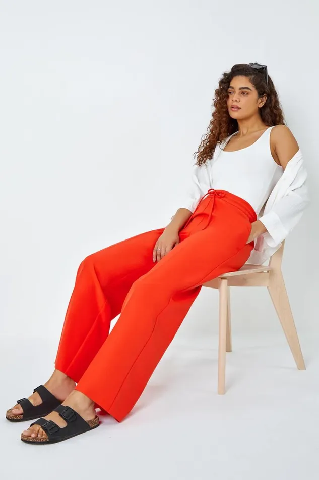 Orange Wide Leg Elastic Waist Tie Front Trouser Women Roman Occasionwear