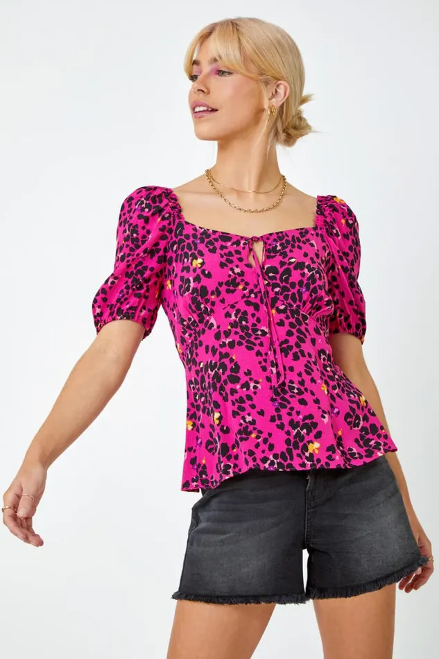 Pink Animal Print Tie Neck Peplum Top Women Roman Tops