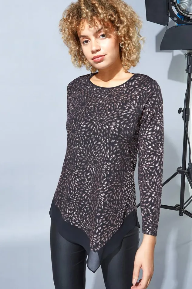 Pink Chiffon Hem Asymmetric Glitter Top Women Roman Tops