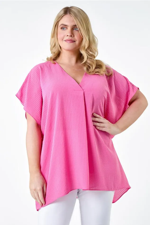 Pink Curve Textured Plain Pleat Front Top Women Roman Tops