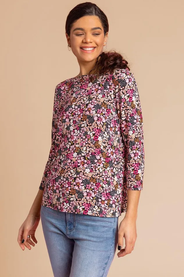 Pink Ditsy Floral Print Jersey Top Women Roman Tops