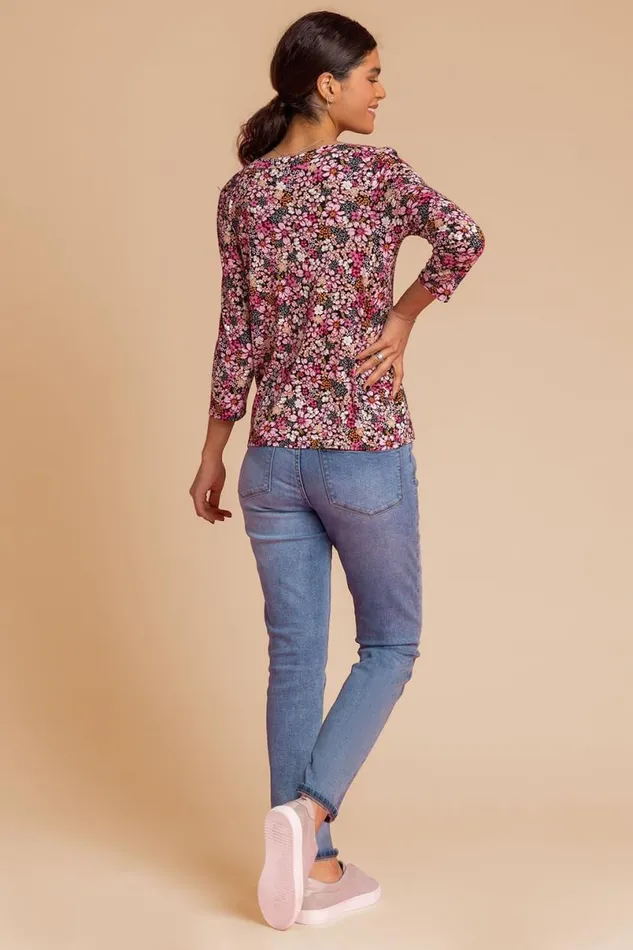 Pink Ditsy Floral Print Jersey Top Women Roman Tops