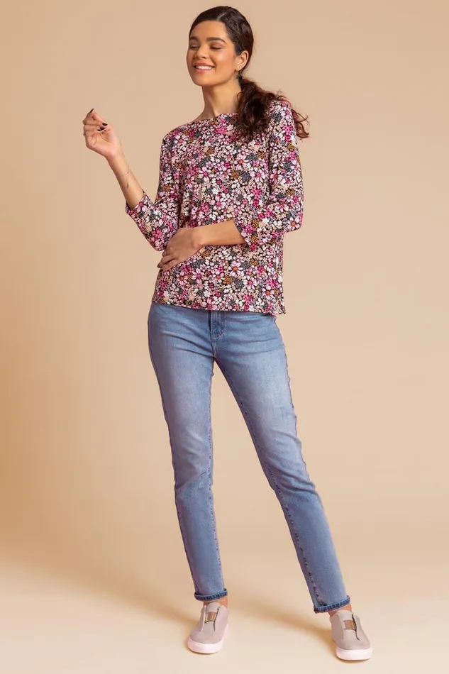 Pink Ditsy Floral Print Jersey Top Women Roman Tops