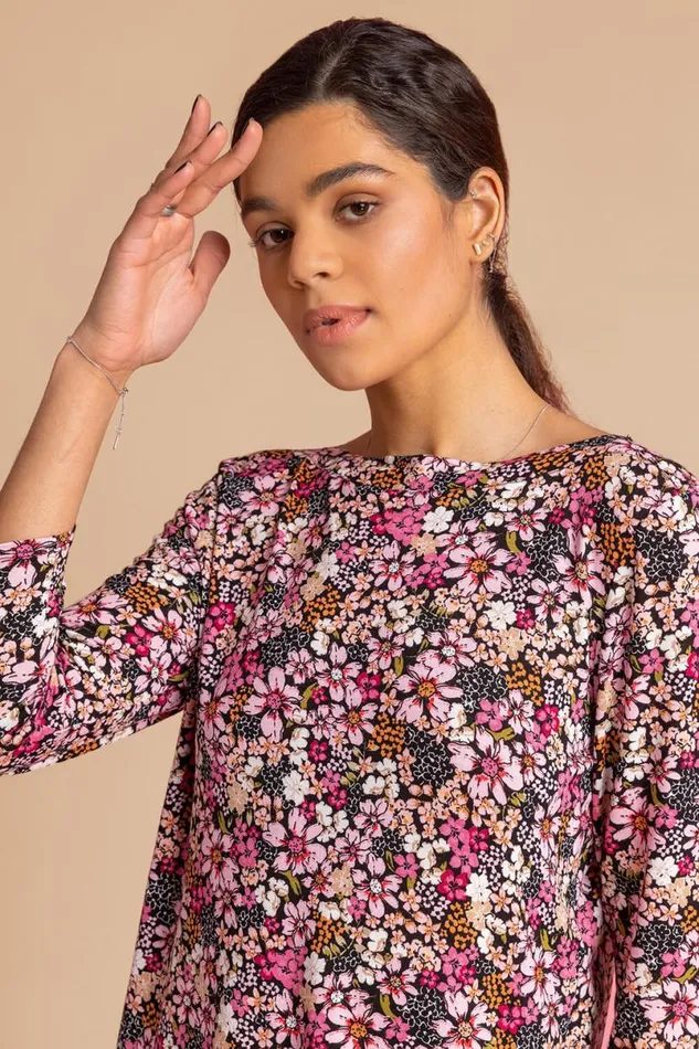 Pink Ditsy Floral Print Jersey Top Women Roman Tops