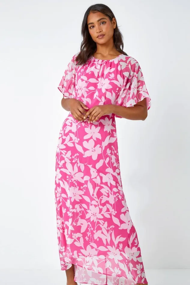 Pink Floral Frill Detail Chiffon Midi Dress Women Roman Dresses
