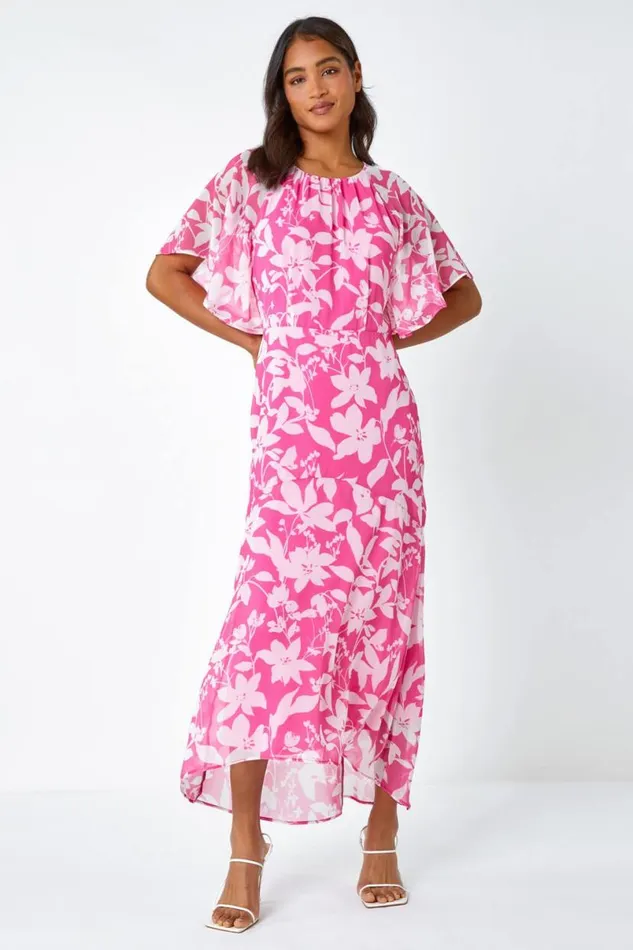 Pink Floral Frill Detail Chiffon Midi Dress Women Roman Dresses