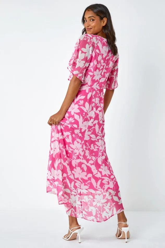 Pink Floral Frill Detail Chiffon Midi Dress Women Roman Dresses