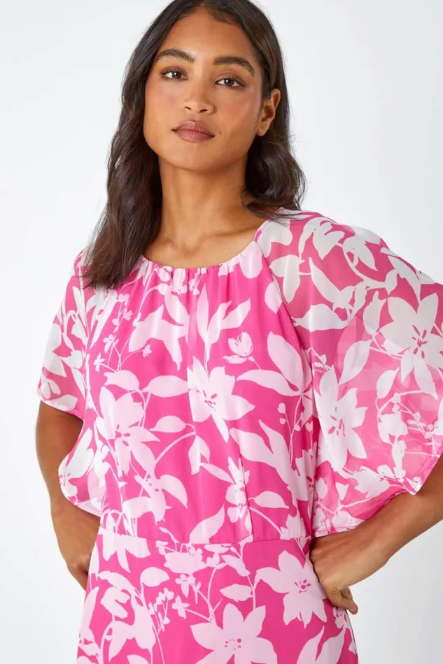 Pink Floral Frill Detail Chiffon Midi Dress Women Roman Dresses