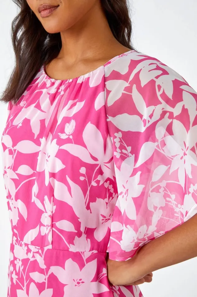 Pink Floral Frill Detail Chiffon Midi Dress Women Roman Dresses