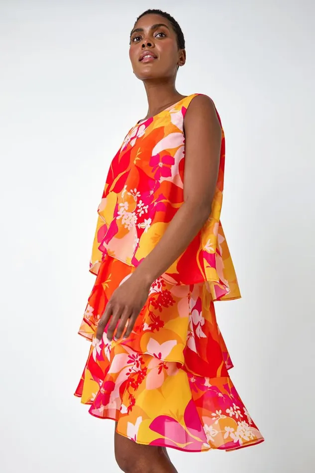 Pink Floral Print Tiered Dress Women Roman Dresses