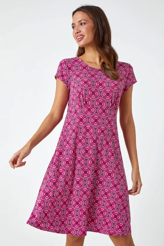 Pink Geo Print Textured Stretch Dress Women Roman Dresses