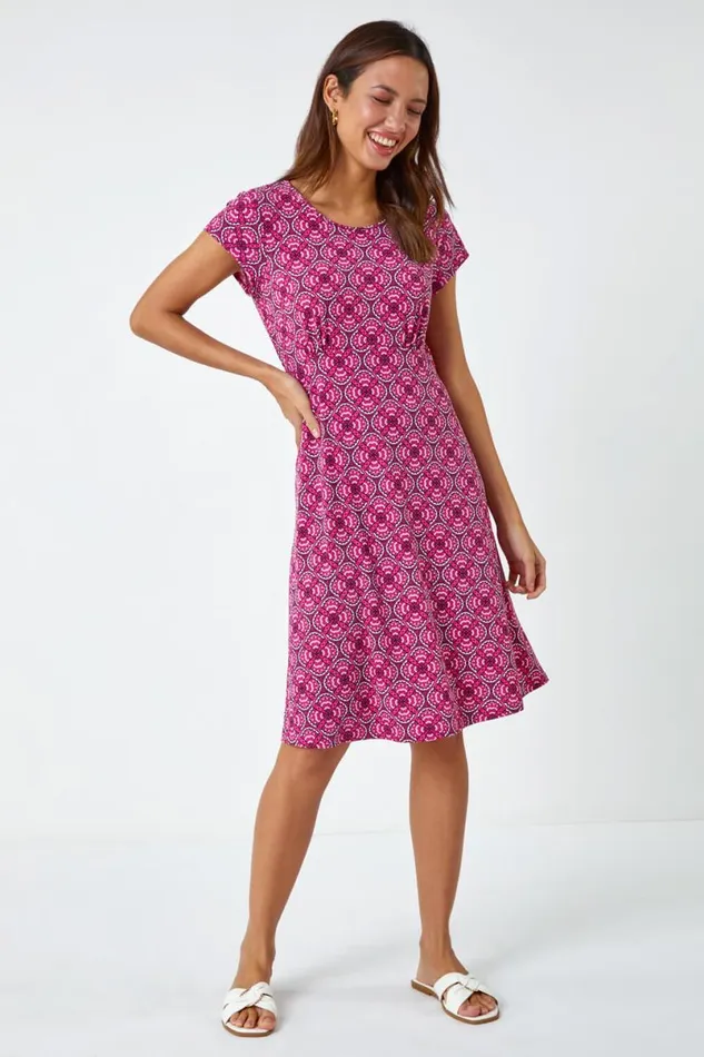 Pink Geo Print Textured Stretch Dress Women Roman Dresses