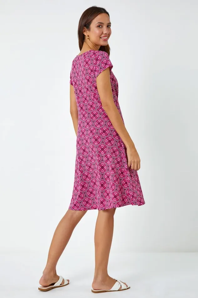 Pink Geo Print Textured Stretch Dress Women Roman Dresses