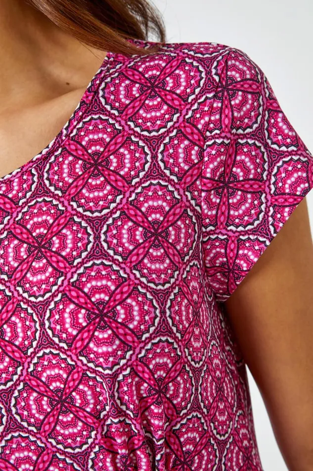 Pink Geo Print Textured Stretch Dress Women Roman Dresses