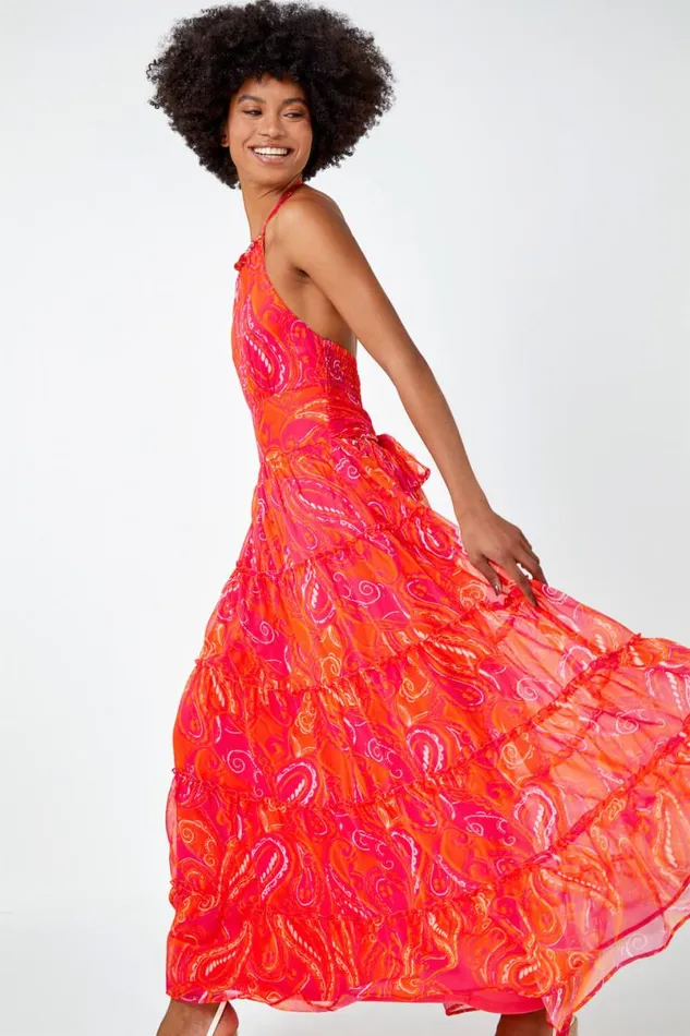Pink Paisley Print Halter Neck Maxi Dress Women Roman Dresses