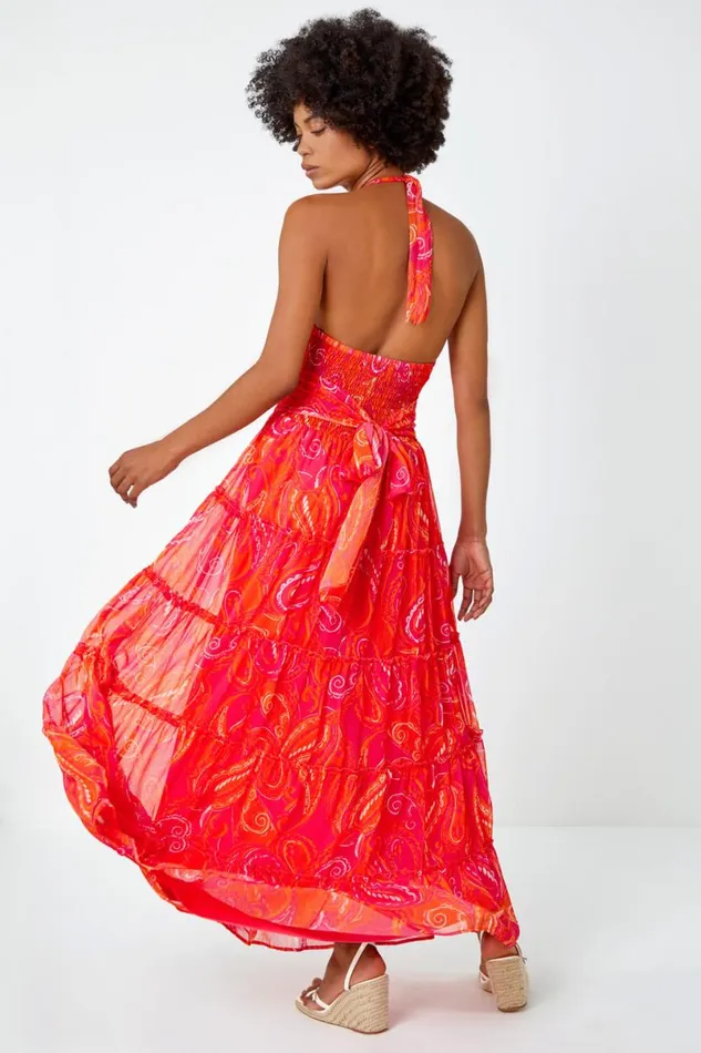 Pink Paisley Print Halter Neck Maxi Dress Women Roman Dresses