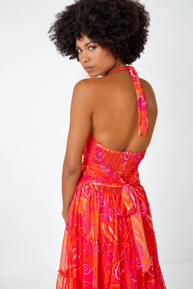 Pink Paisley Print Halter Neck Maxi Dress Women Roman Dresses