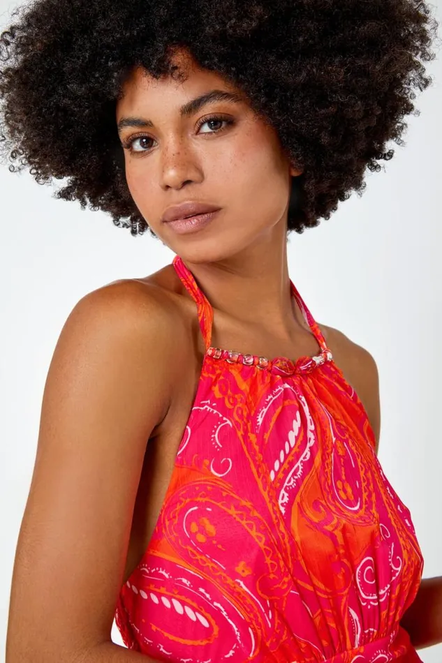Pink Paisley Print Halter Neck Maxi Dress Women Roman Dresses