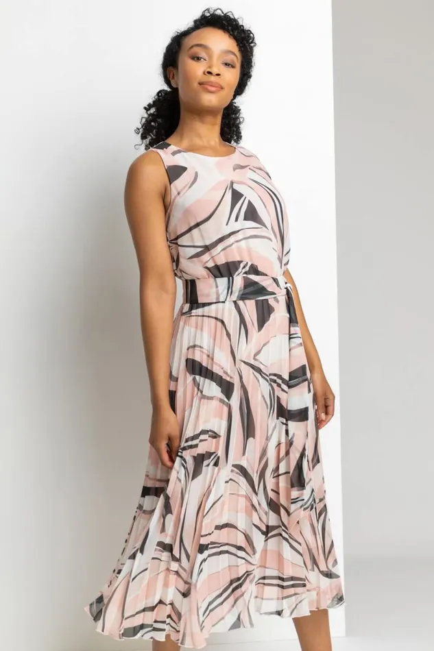 Pink Petite Abstract Print Pleated Midi Dress Women Roman Dresses