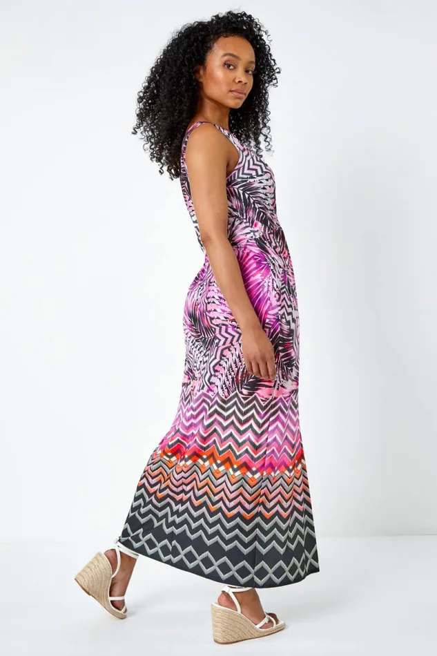 Pink Petite Abstract Print Ruched Wrap Maxi Dress Women Roman Dresses