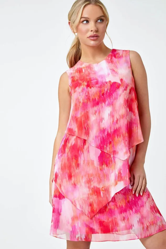 Pink Petite Abstract Tiered Chiffon Dress Women Roman Dresses