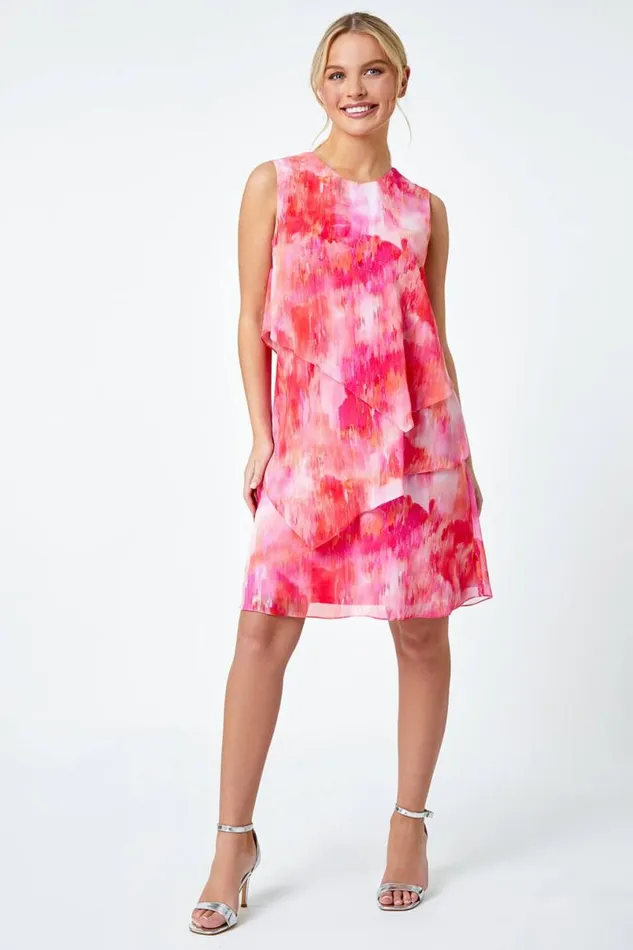 Pink Petite Abstract Tiered Chiffon Dress Women Roman Dresses
